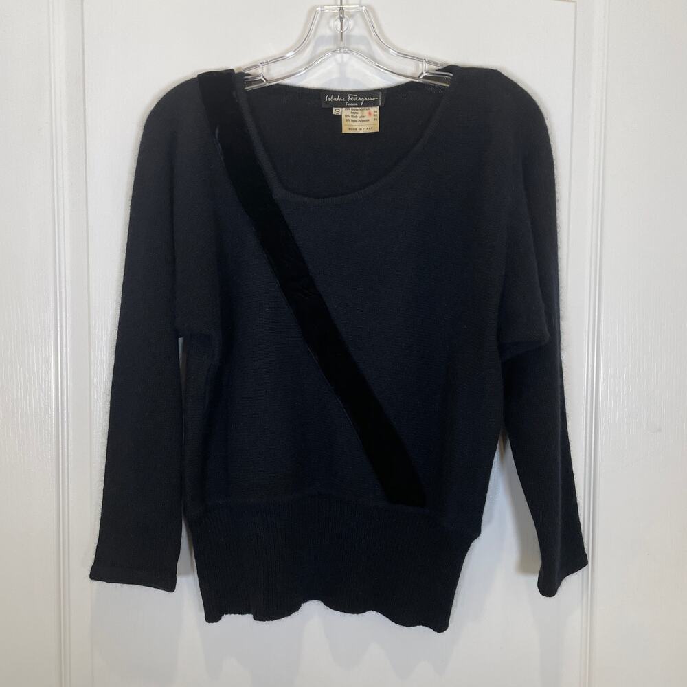 Salvatore Ferragamo Vintage Sweater 80's Angora Wool‎ Velvet Black Asymmetric S
